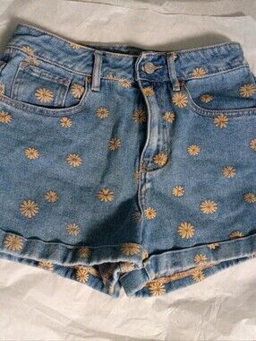 PacSun Blue Denim Shorts with Yellow Daisy Print